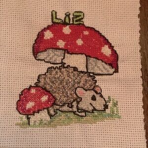 Liz!  Hedgehog with Amanita Mushroom with the name LIZ handmade cross-stitch